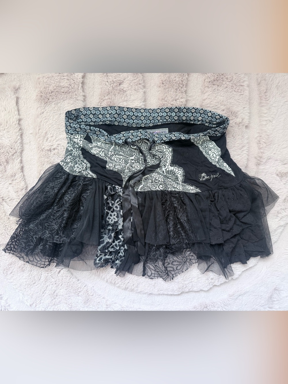Desigual Black and White Lace-Print Tiered Mini Skirt